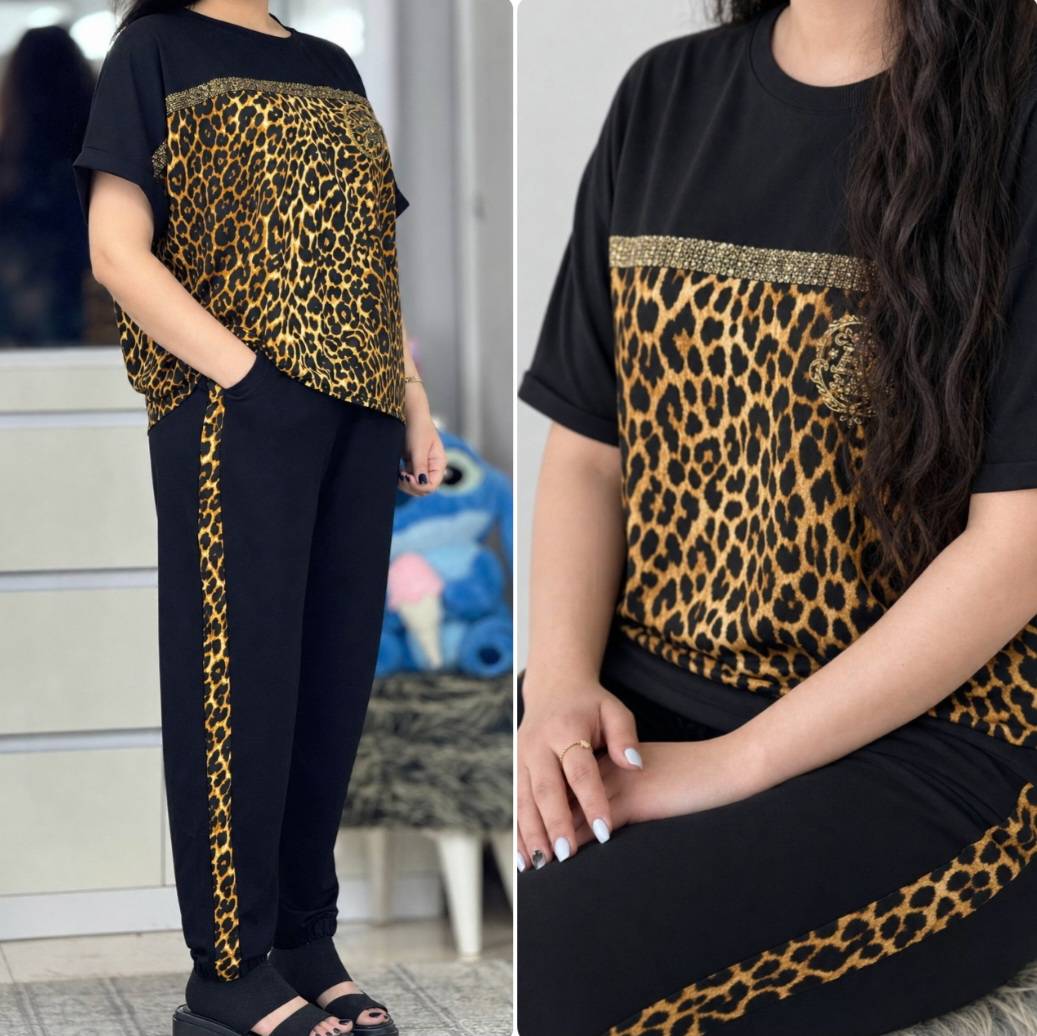 ست تیشرت و شلوار گیاهی ساتین